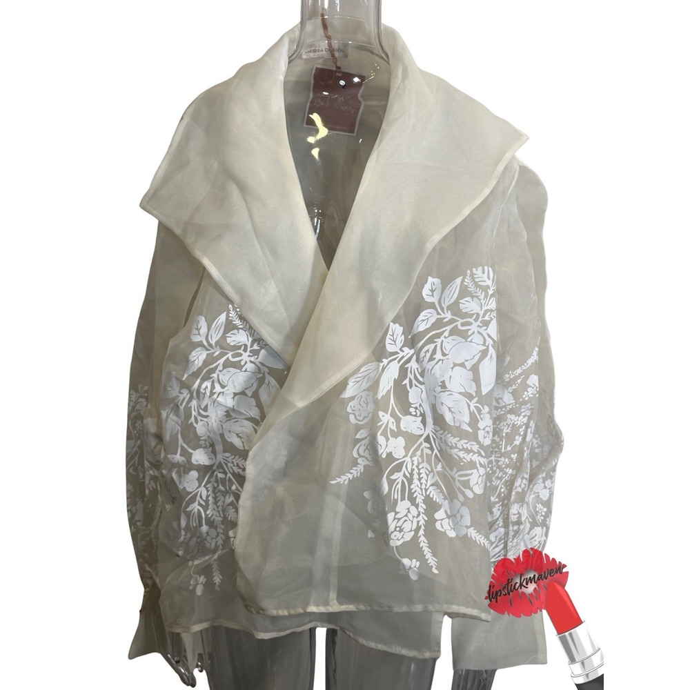 Sierra Darien Organza Jacket Large Ivory Floral Sheer Open Top Pearl Button NWT
